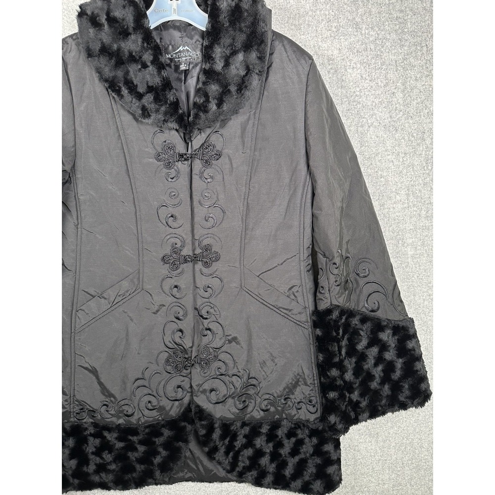 Montana Co Womens Small Jacket Coat Black Faux Fur Chic Embroidered - Picture 6 of 13